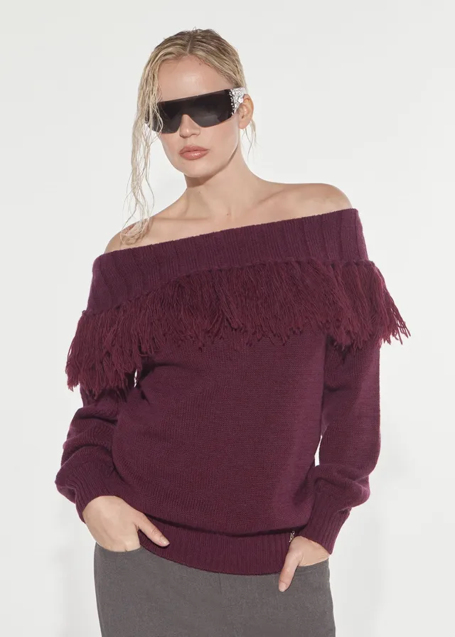 Denny Rose Schiffer Pullover Cherry Wine mit Fransen