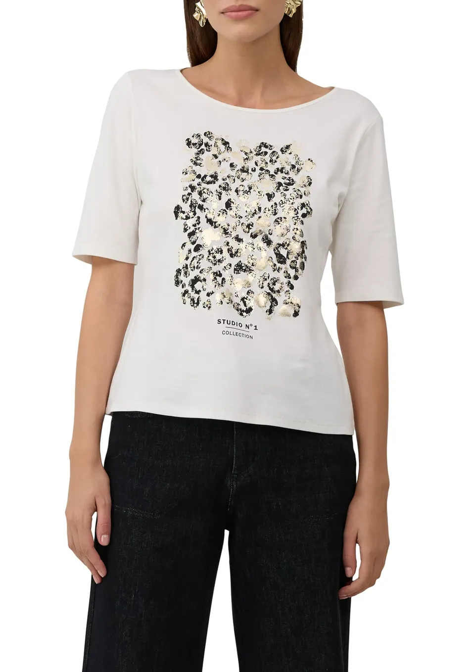s.Oliver Damen T-Shirt Halbarm Leo-Frontprint Größe 38