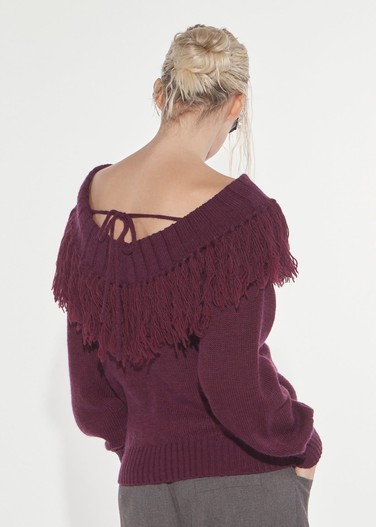 Denny Rose Schiffer Pullover Cherry Wine mit Fransen