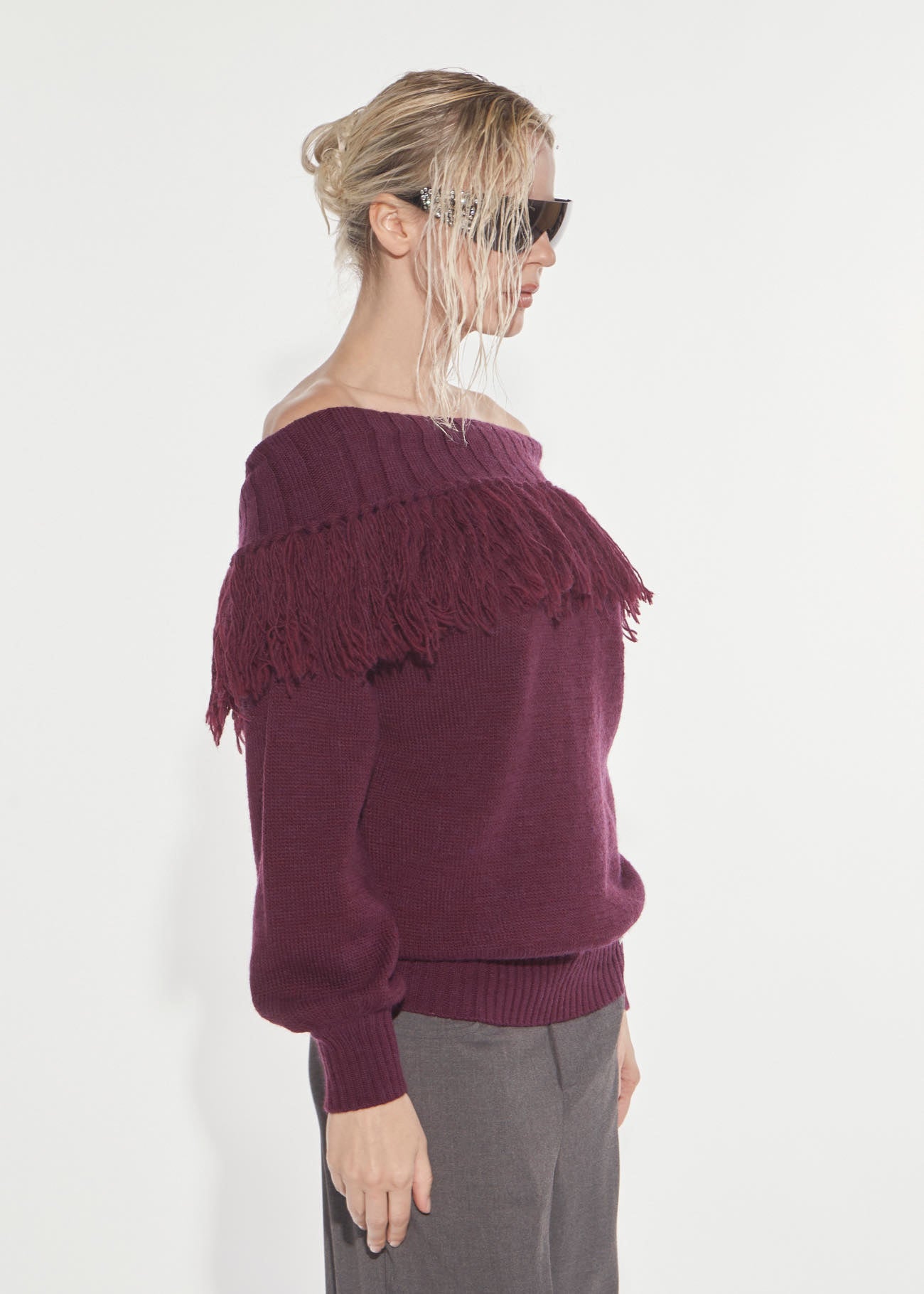 Denny Rose Schiffer Pullover Cherry Wine mit Fransen
