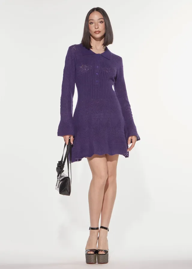 Denny Rose Punto Pizzo Strickkleid lila Polo langarm