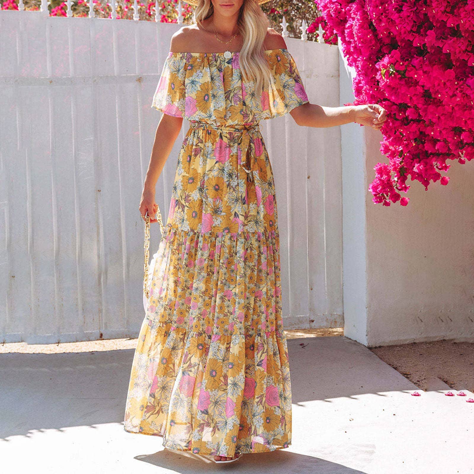 Singular Maxikleid Kleid Gelb E# Yellow Off-Shoulder Boho