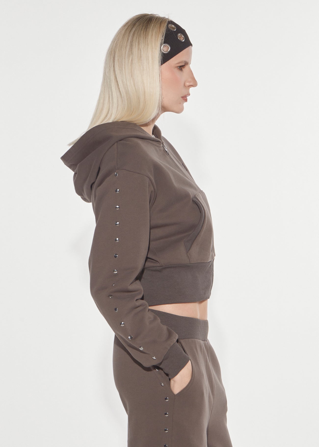 Denny Rose Eclectic Hoodie Army Grey aus Baumwolle mit Nieten