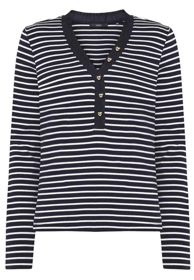 zero Ringelshirt Knopfleiste Damenshirt 38 Dark BlueCream gestreift